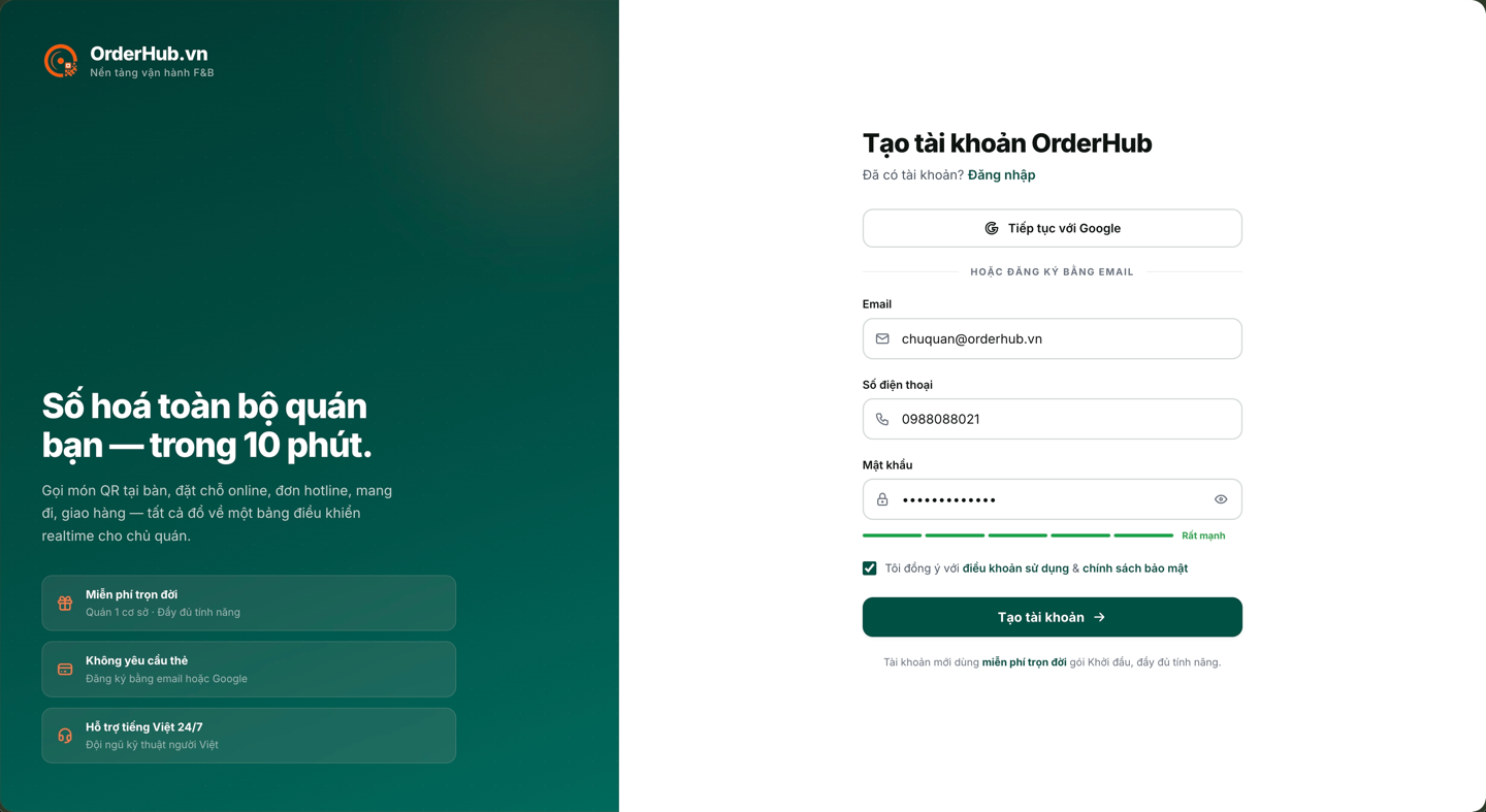 Màn hình tạo tài khoản OrderHub