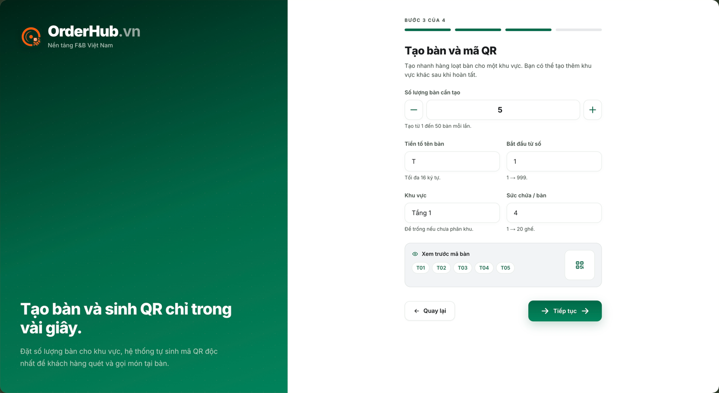 Bước 3/4 — tạo bàn và mã QR